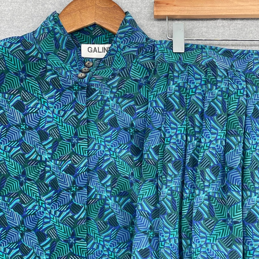 Vtg 100% Silk 2 Piece Set Teal Blue Geometric Leaf Skirt Blouse S 90s Co-Ord